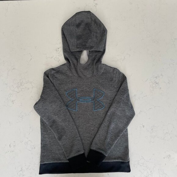 Under Armour Loose Coldgear Activewear LS Hooded Sweatshirt Grey Blk Blue Sz S - Picture 1 of 10